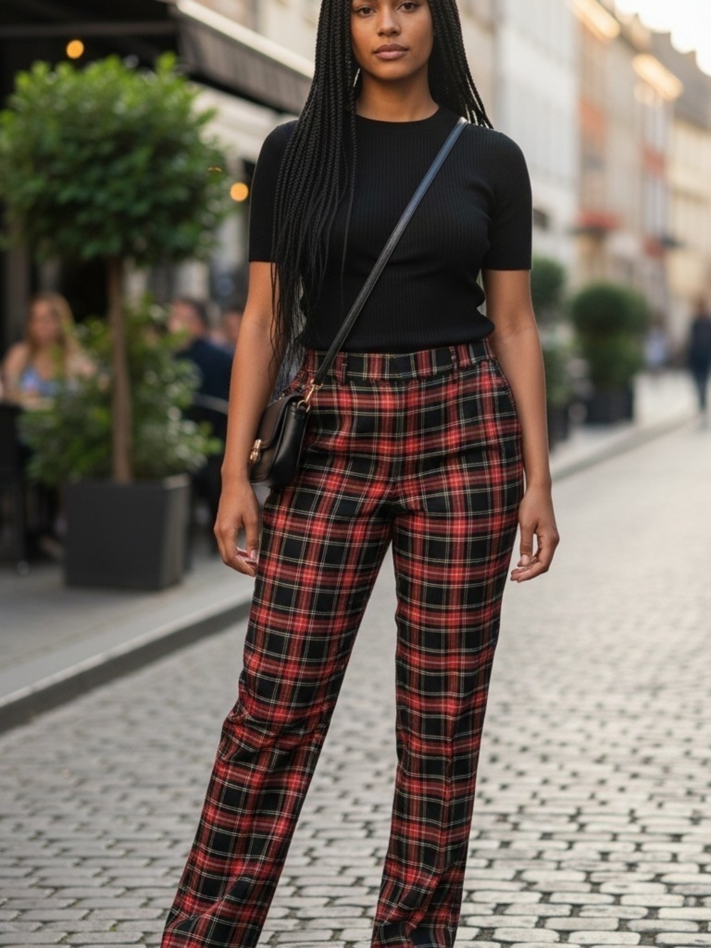 Plaid High-Waist Straight Leg Pants - Red/Black